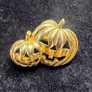 Vintage Gold Tone Double Jack O Lantern Pumpkin Brooch Halloween Pin